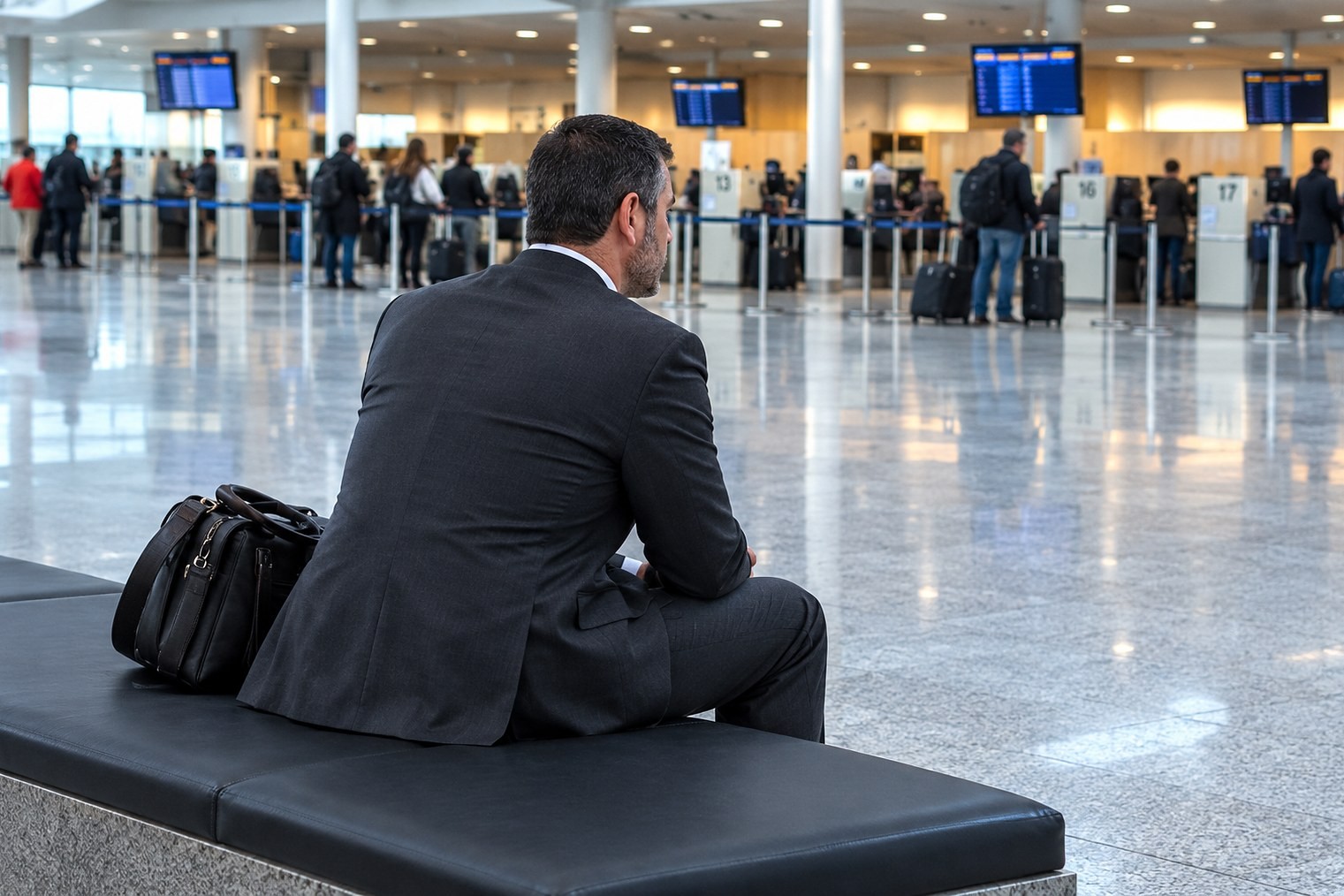Executivo em momento contemplativo no saguão do aeroporto