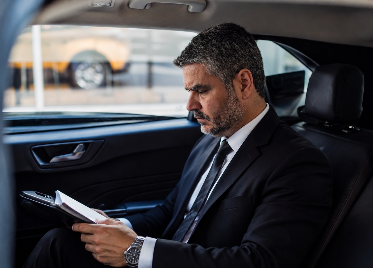 Executivo revisando documentos no banco de trás do carro